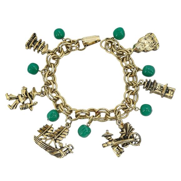 Vintage Asian Pagoda Charm Bracelet Buddha Ship Faux Jade Green Beads 1970s 7” - Picture 1 of 6